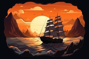 ship sailing at sunset on the calm ocean waters. Generative AI
