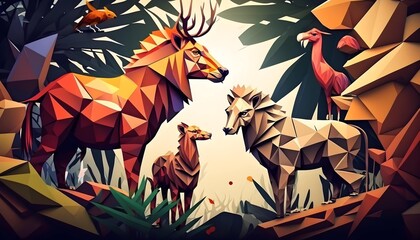 Animals doing party in jungle. Abstract polygon. Generative AI.