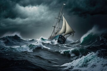 Fototapeta na wymiar sailing yacht on rough sea in sailing in a storm, created with generative ai