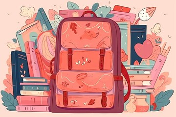 pink backpack with books on top, representing education and learning. Generative AI