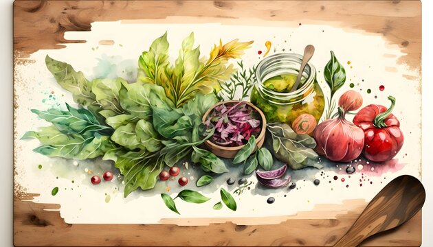 Painting of salad to be cooked on the kitchen table. Generative AI.