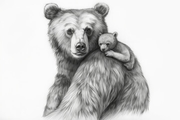 Mother bear and bear cub in black and white