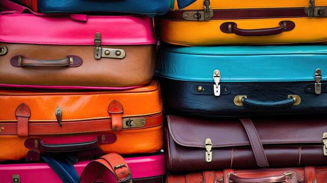 Pile of colorful suitcases, luggage, duffel bags, and backpacks. Abstract travel and vacation.
