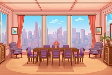 modern dining room with a sleek table and comfortable chairs. Generative AI