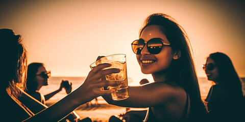 Young people celebrating summertime party holding cocktail glasses outside. Blurred friends have fun on the beach.  Summer vacations, lifestyle beverage concept. digital ai	 - obrazy, fototapety, plakaty