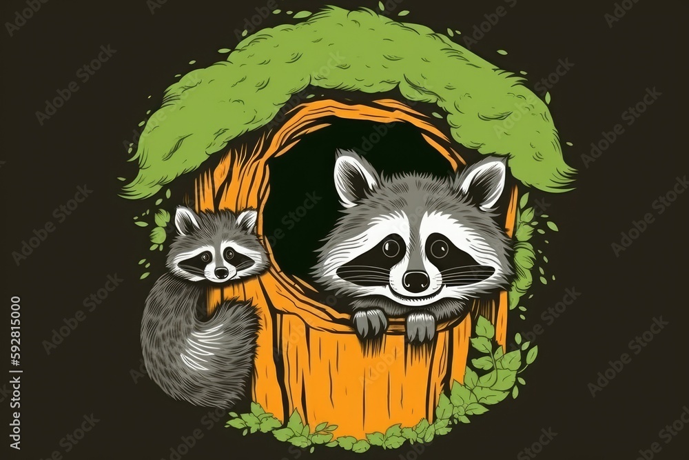 Canvas Prints two raccoons peeking out of a tree hole. Generative AI