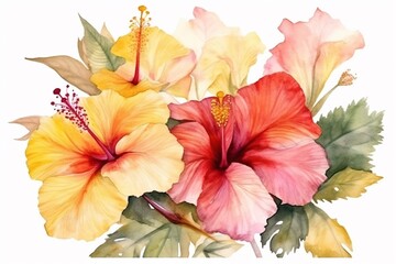 hawaiian flowers watercolor isolated on white AI Generative