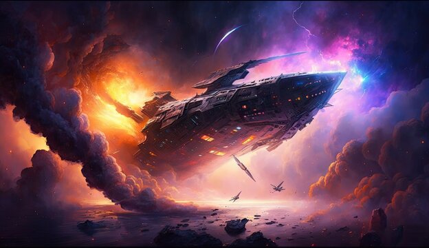 Abstract spaceship crashing through a solar storm. Dramatic explosions on an alien space planet.