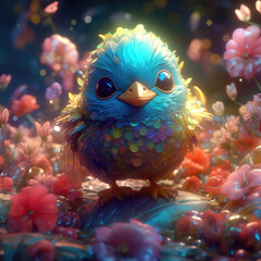 Illustration of a robin with flower. Generative AI.