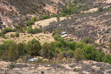 An abandoned rural house in the mountains with cactus