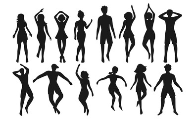 Group people dancing silhouette set. Figure happy active young men and women simple cartoon collection. Club party dancer different poses, happy girls, boys shape, shadow. Vector birthday celebration - obrazy, fototapety, plakaty