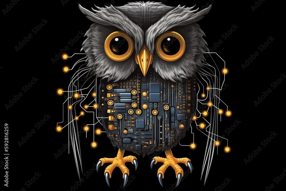 Poster an owl with a futuristic twist, featuring a circuit board on its face. generative ai