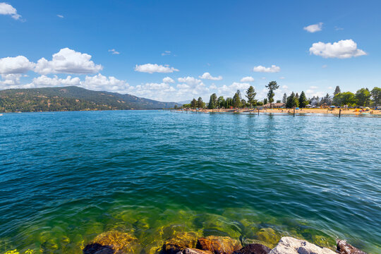 View of Lake Pend Oreille and the mountains of Sandpoint North Idaho, USA, from the City Beach Park in Sandpoint, Idaho.	