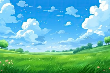 Obraz na płótnie Canvas serene landscape of green fields, trees, and fluffy clouds in the sky. Generative AI