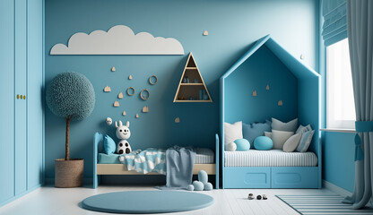 Minimalist blue kid room interior design, 3d rendering. Generative AI