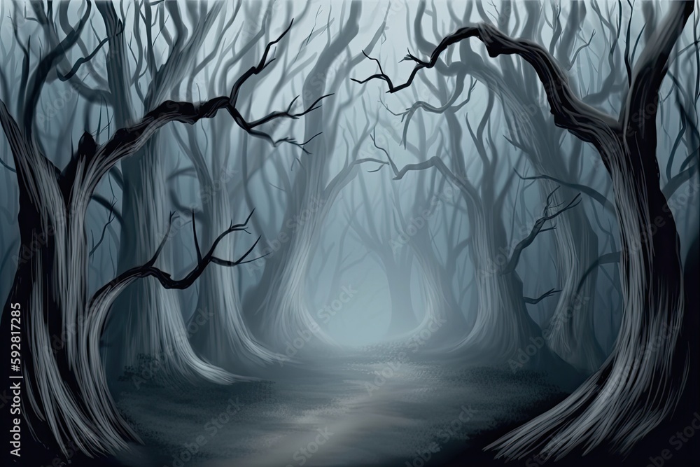 Aufkleber mysterious path through a dense and dark forest in a painting. generative ai