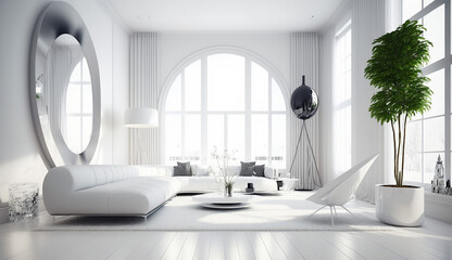 Modern white interior design, 3d rendering. Generative AI