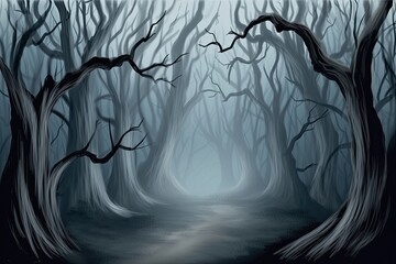 mysterious path through a dense and dark forest in a painting. Generative AI