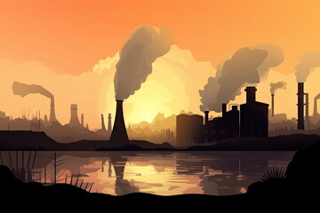 factory with smoke coming out of the chimneys with sunset background