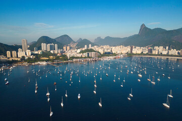 Scenic View of Rio de Janeiro City and Corcovado Mountain with Christ the Redeemer, Boats in the Harbor and Hills