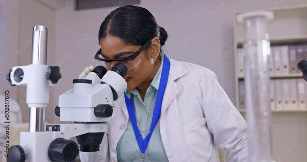 Poster microscope, tablet and scientist woman in laboratory research, data analysis and biotechnology for m