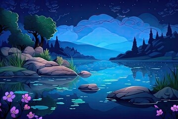 Fototapeta na wymiar serene night landscape with a shimmering lake and towering mountains. Generative AI