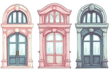 three arched windows with a view outside. Generative AI