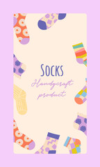 Banner with socks. Handycruft product, needlework and hand made accessory. Design element for greeting postcard. Fashion, trend and style. Cartoon flat vector illustration