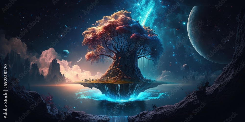 Wall mural fantasy fairytale sphere island floating in universe of night sky. superlative generative ai image.