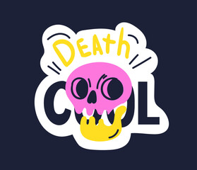 Scull with death cool text. Head of skeleton with inscription. Sticker for social networks and instant messengers. Mexican holiday and festival, Dia de los muertos. Cartoon flat vector illustration