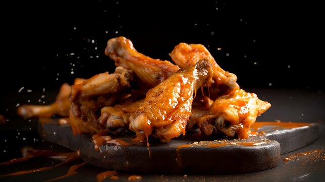 Crispy BBQ Chicken Wings - Presented with dark background. AI Generated