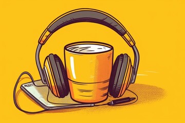 cup of coffee and headphones on a vibrant yellow background. Generative AI