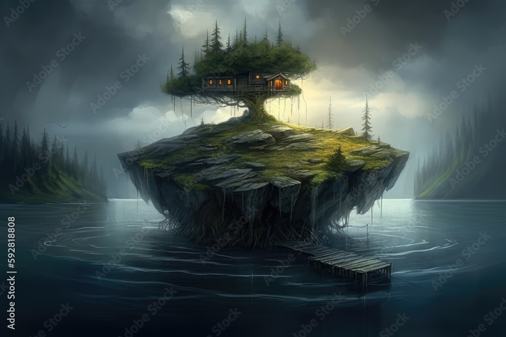 Poster tree house on a floating island surrounded by clouds. generative ai
