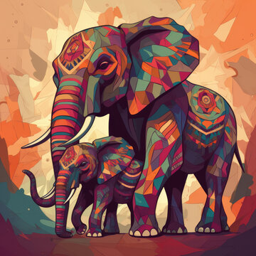 Stylized Mother and Baby Elephant
