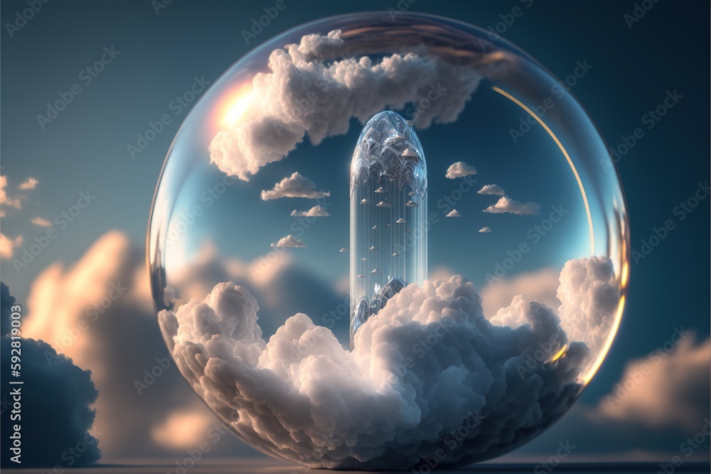 Poster beautiful modern abstract artwork of the sky captured in the transparent sphere bubble that reflect 