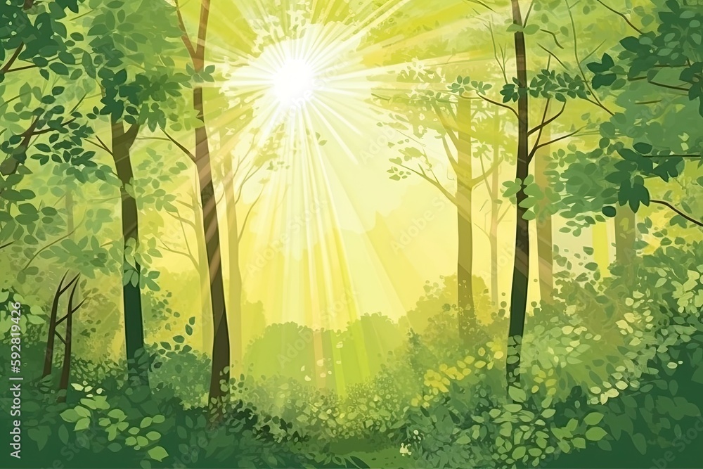 Poster sunlight filtering through trees in a dense forest. generative ai