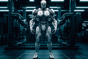 Fototapeta na wymiar Muscular athletic bodybuilder robot posing after exercises in gym. Generative AI