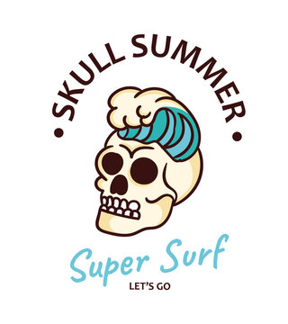 Skull summer concept. Skeleton head with wave next to text. Super surf inscription. Template, layout and mock up. Halloween and Dia de los Muertos. Cartoon flat vector illustration