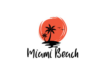 Miami sunset. T-shirt and apparel vector design, print, typography, poster, emblem with palm trees. Sunset logo design