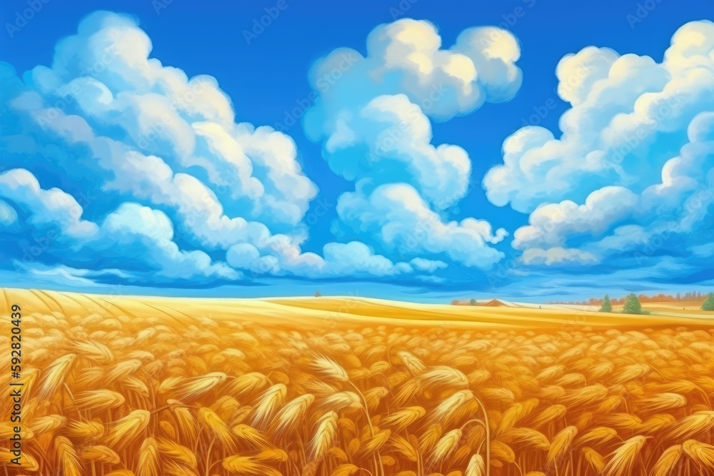 Poster serene wheat field with fluffy clouds in the sky. generative ai