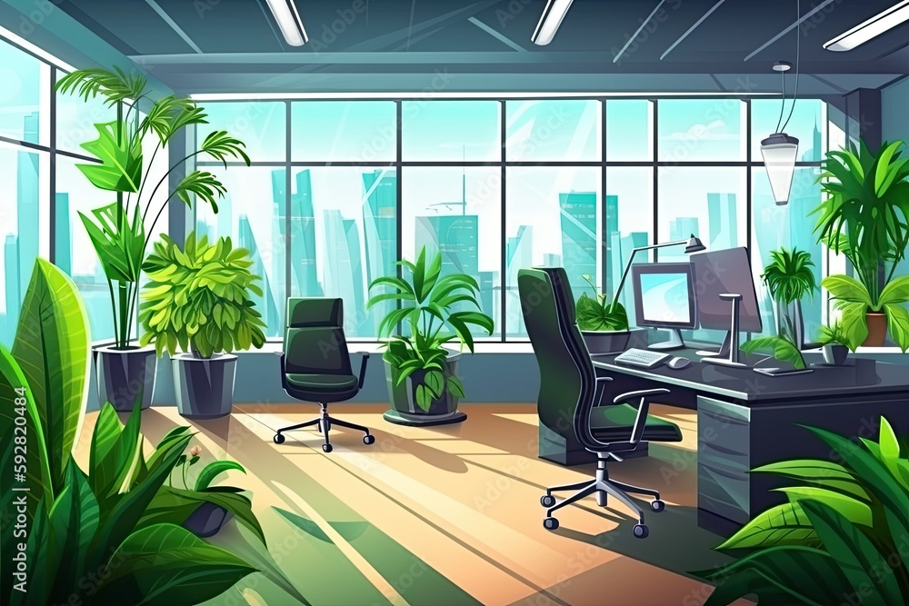 Poster green workspace with computer desk and lots of plants. generative ai