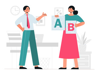 Concept of choose. Woman offers man to make decision and choose between A and B. Comparison of options and analytics, logical thinking. Strategy and planning. Cartoon flat vector illustration