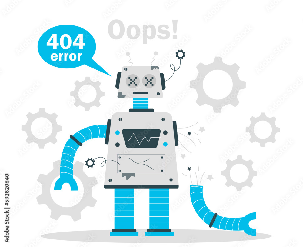 Poster error 404 robot concept. wrong site address and broken link, error in code. page not found. interfac