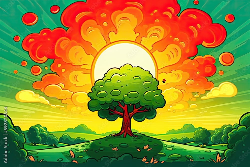 Poster solitary tree standing in a vast open field. generative ai