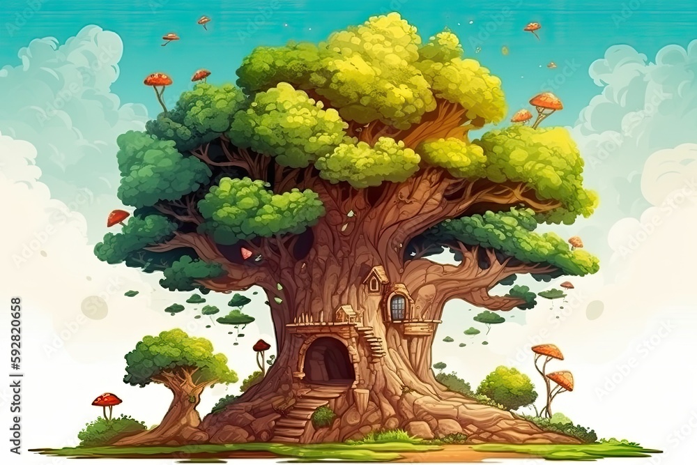 Poster whimsical treehouse nestled in a lush green field. generative ai