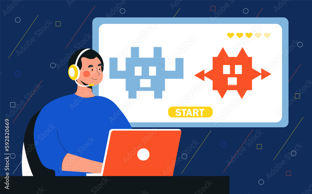Poster gamer at laptop. man in headphones with device on background of computer screen with video game char