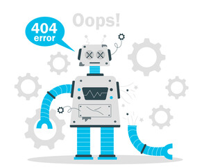 Error 404 robot concept. Wrong site address and broken link, error in code. Page not found. Interface and UI and UX design for website. Disconnect and failure. Cartoon flat vector illustration