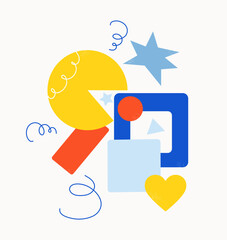 Geometric objects set. Red rectangle, blue square and yellow heart. Minimalist creativity and art. Poster or banner, logotype, print templates. Cartoon flat vector illustration