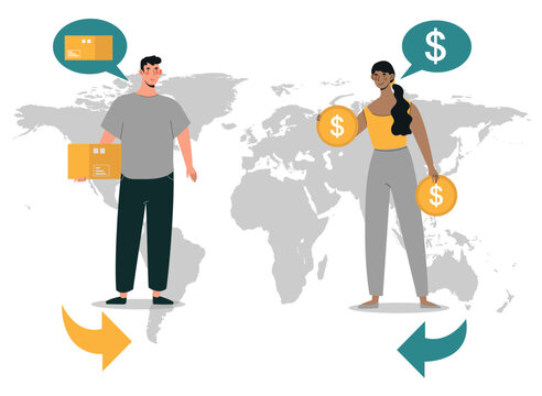 International trade concept. Man with parcel and woman with gold coins stand on world map. Import and export of goods, shipping and transportation, logistics. Cartoon flat vector illustration