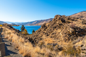 View from along Highway Route 2 heading west along the Columbia River in East Wenatchee, Douglas...